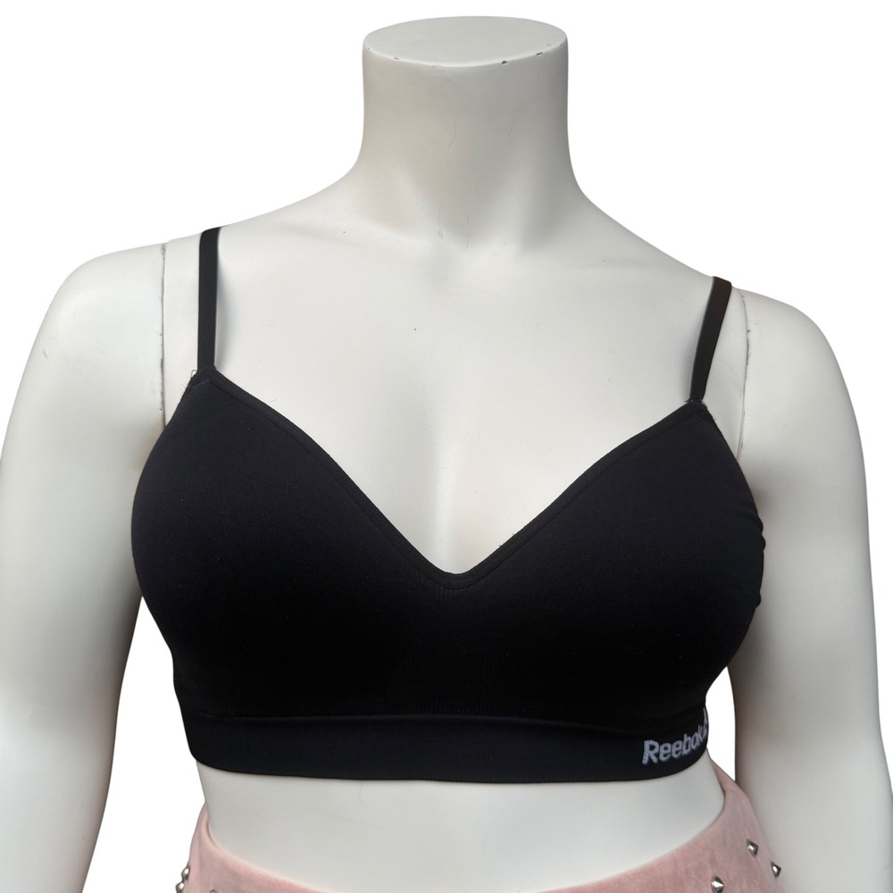 Reebok Sports Bra V-Neck Seamless Adjustable Black Athleisure Clean Girl Sz M